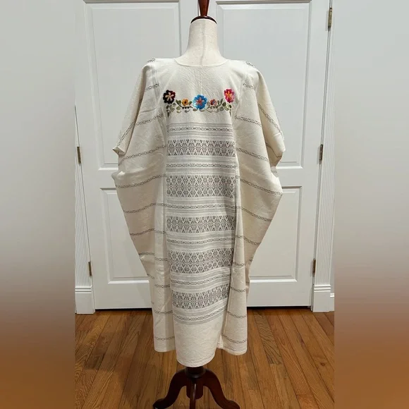 huipil dress White Mexican Huipil Maxi Dress Multi color Vintage Embroidery Chiapas main image 1